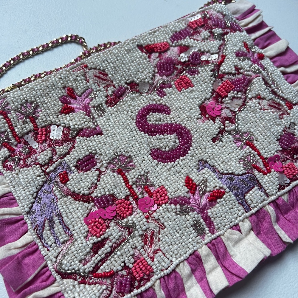Anthropologie Pink Beaded Monogram Clutch Letter S